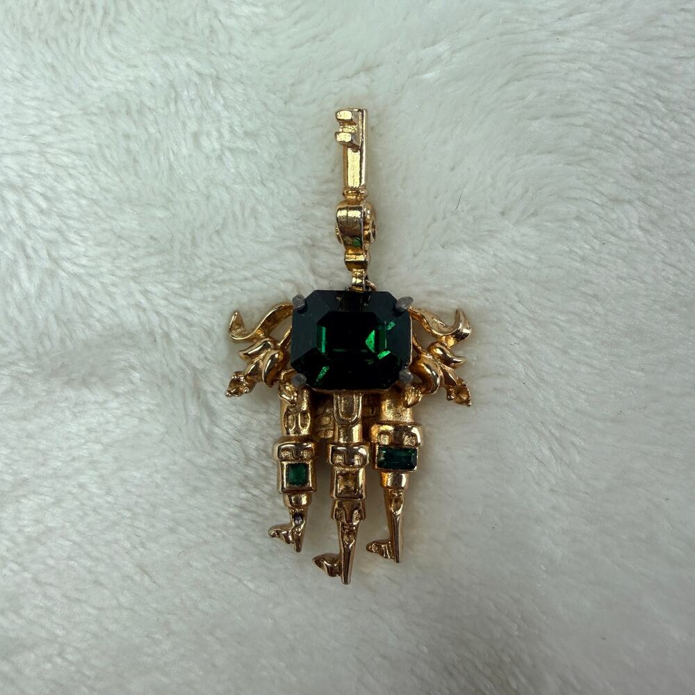 Vintage Gold Chatelaine Ornate Green Rhinestone Turreted Castle Pendant key Pin